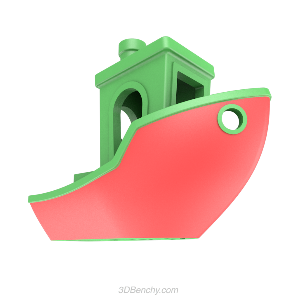 Тестовая модель 3DBenchy с выделенным изогнутым нависанием носа корпуса