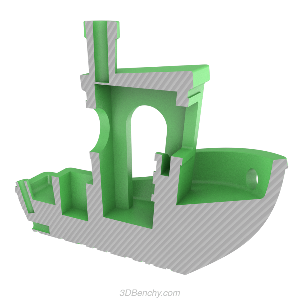 Разрез тестовой модели 3DBenchy: крыша рубки как мост над пустотой