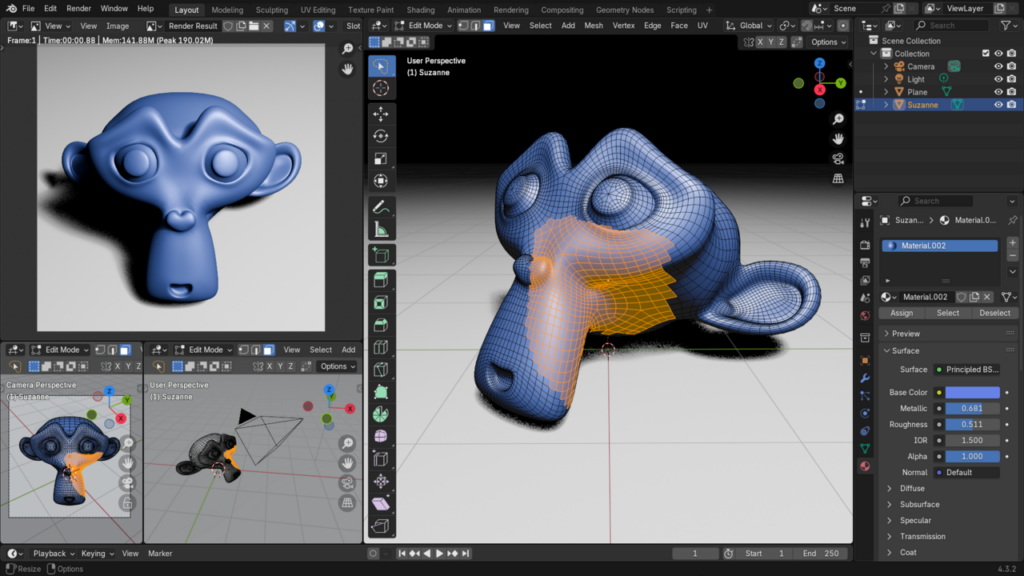 Интерфейс Blender с моделью и сеткой полигонов