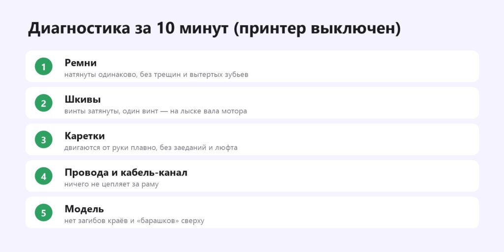 Диагностика смещения слоёв 3D-принтера: ремни, шкивы, каретки, провода, модель
