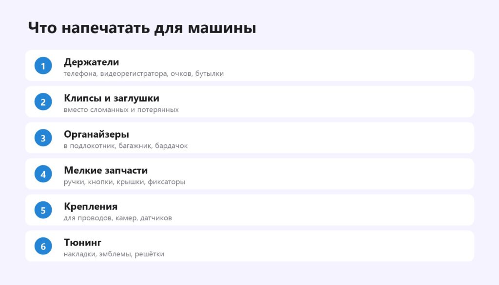 Что напечатать на 3D-принтере для машины: держатели, клипсы, органайзеры, запчасти, крепления