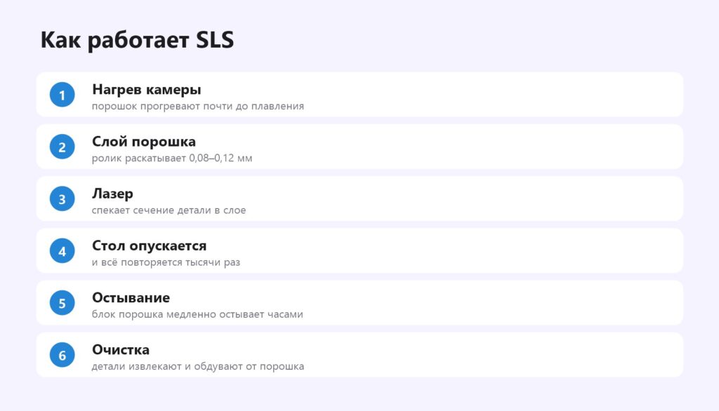 Как работает SLS-печать: нагрев, слой порошка, лазер, опускание стола, остывание, очистка