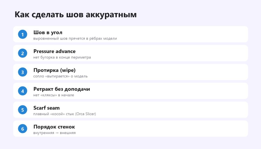Как сделать шов в 3D-печати аккуратным: угол, pressure advance, протирка, ретракт, scarf seam