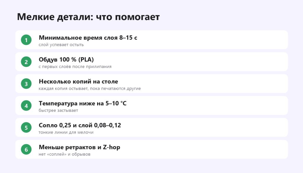 Как печатать мелкие детали чётко: время слоя, обдув, копии, температура, сопло, ретракт