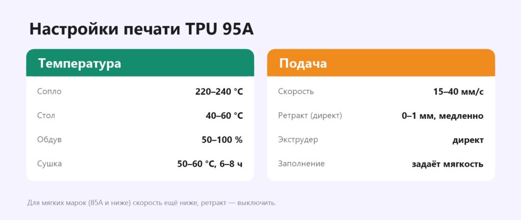 Настройки печати TPU 95A: температура, скорость, ретракт, обдув, сушка