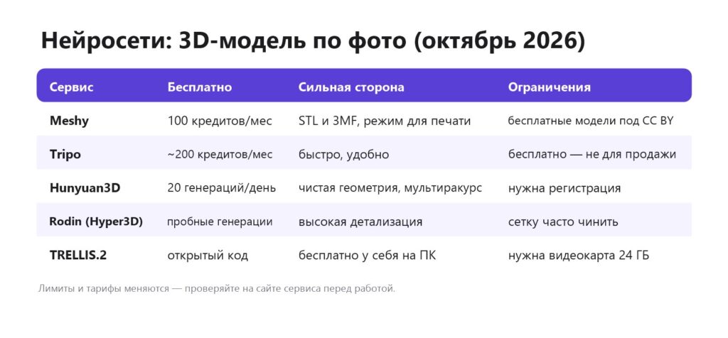 Нейросети для 3D-модели по фото в 2026 году: Meshy, Tripo, Hunyuan3D, Rodin, TRELLIS.2 — бесплатные лимиты, сильные стороны, ограничения