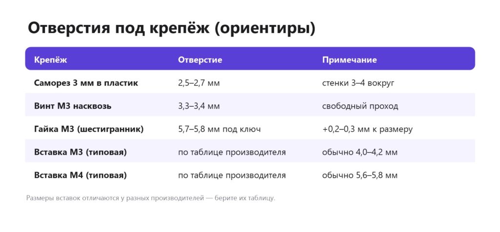 Размеры отверстий под саморезы, винты, гайки и резьбовые вставки в 3D-печати
