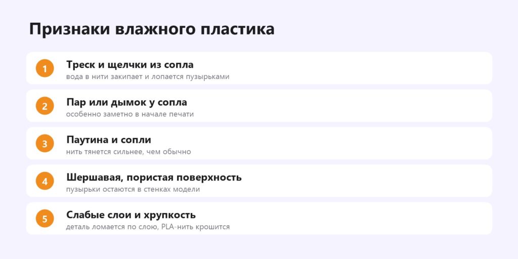 Признаки влажного пластика: треск из сопла, пар, паутина, шершавая поверхность, хрупкость