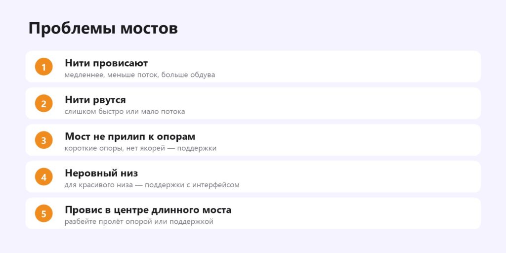 Проблемы мостов в 3D-печати: провис, разрывы, отрыв от опор, неровный низ