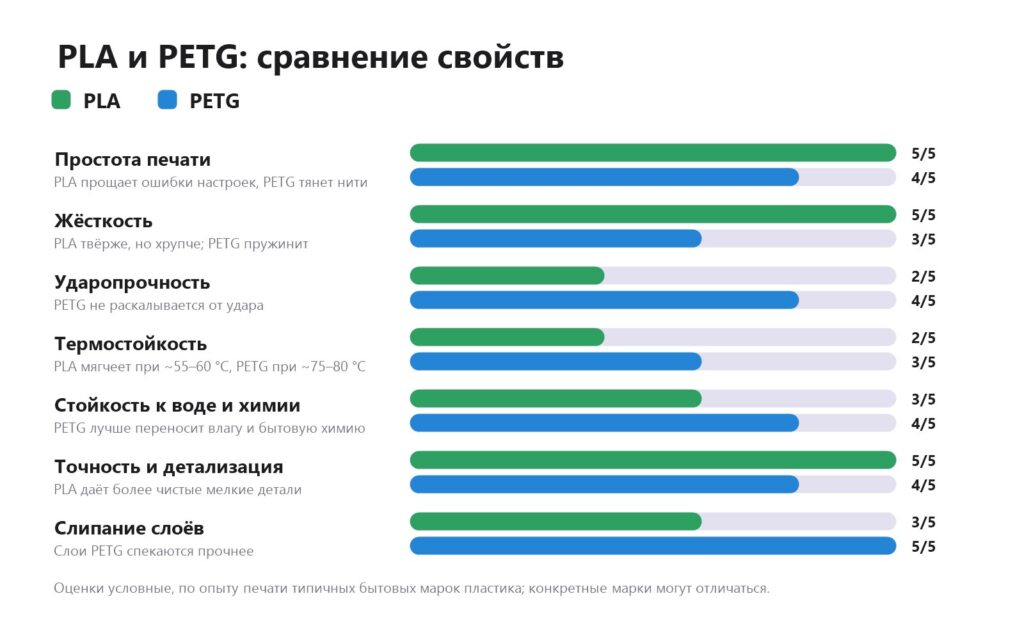 Сравнение PLA и PETG по простоте печати, жёсткости, ударопрочности и термостойкости