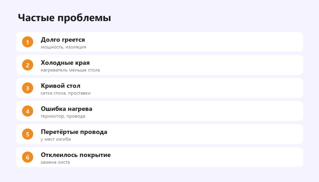 Частые проблемы нагревательного стола