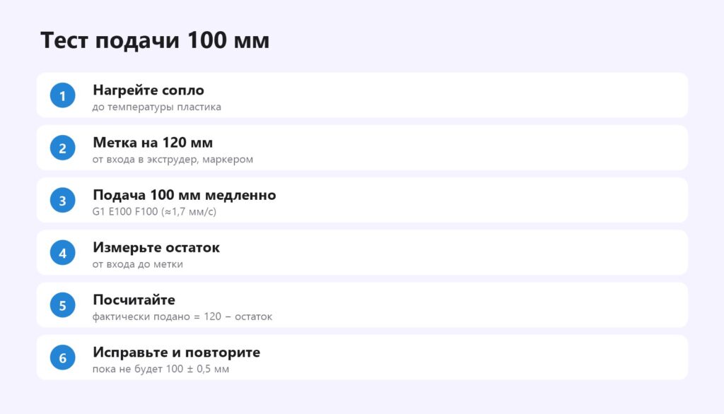 Тест подачи 100 мм для калибровки экструдера