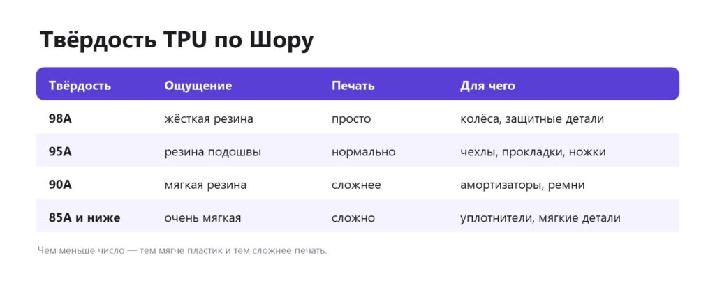 Таблица твёрдости TPU по Шору: 98A, 95A, 90A, 85A — ощущение, сложность печати, применение