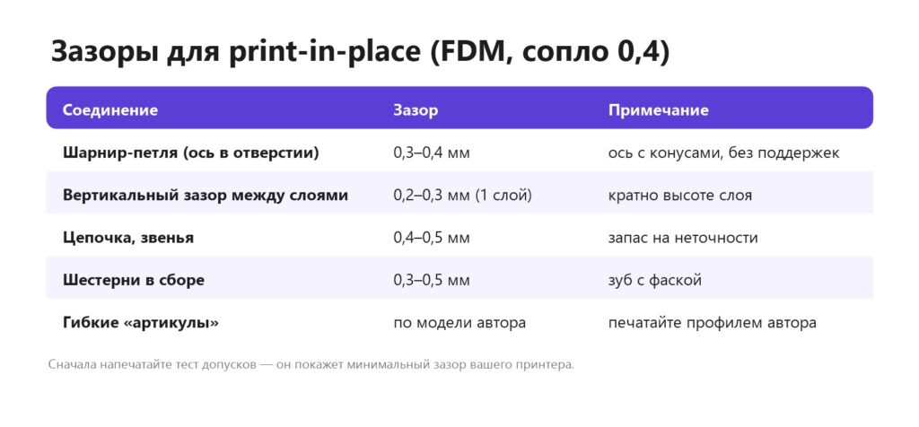 Зазоры для print-in-place: шарнир, вертикальный зазор, цепочка, шестерни